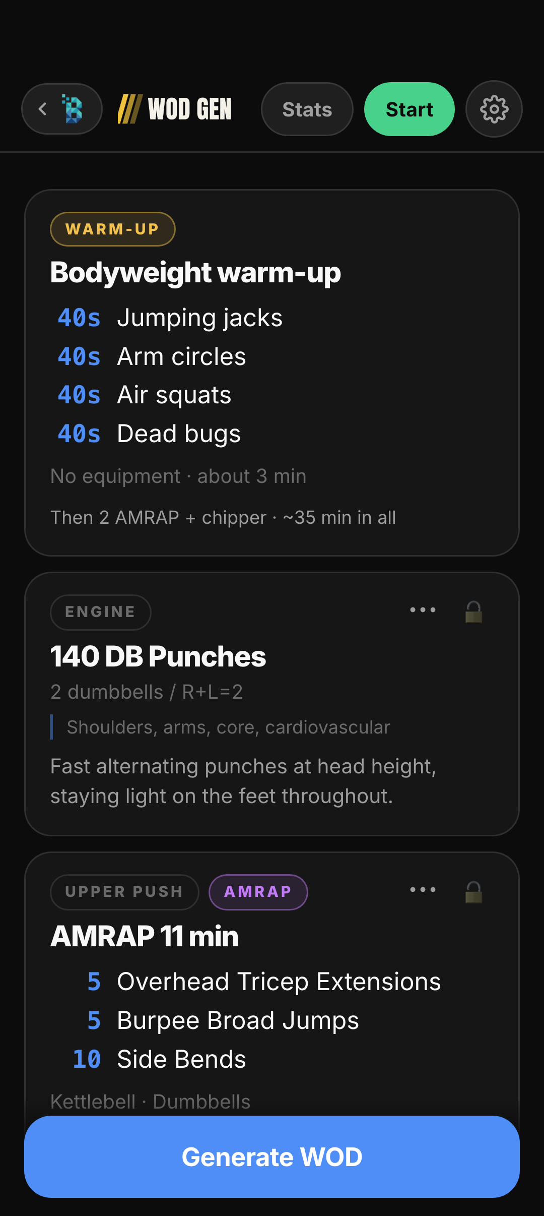 WOD Gen workout plan with a warm-up card and movement cards