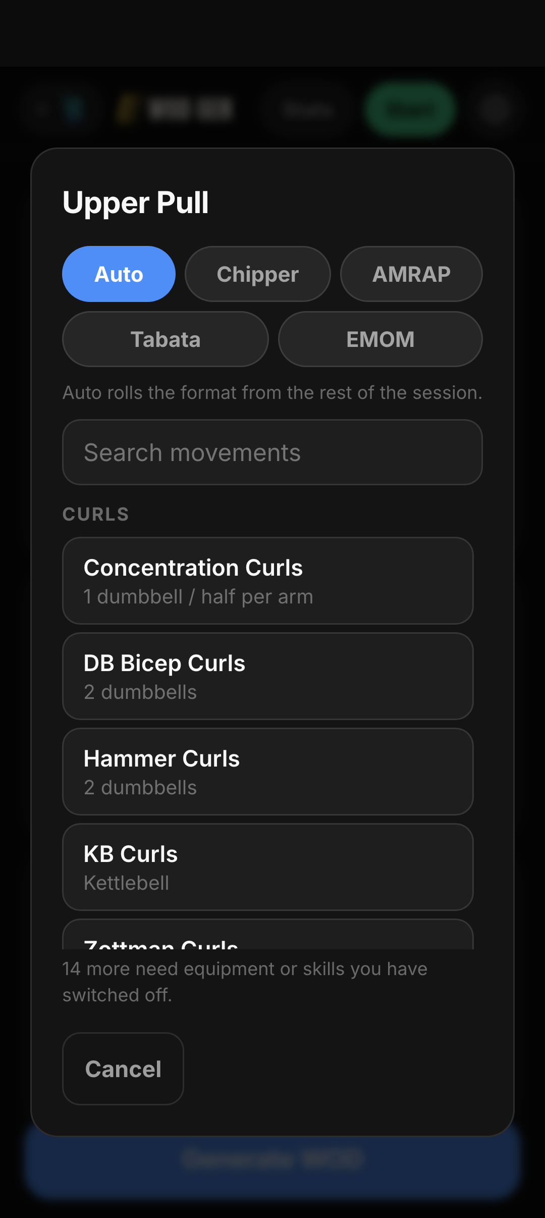 WOD Gen movement picker with format choices